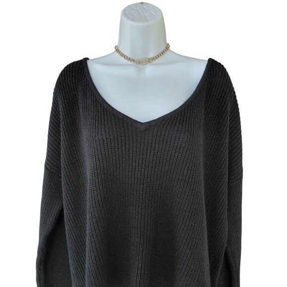 Oliveaceous Womens Ribbed V-Neck Sweater M Black Cotton,Viscose Blend & Wool - Picture 2 of 7